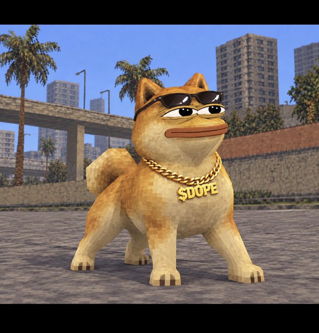 A 3D rendered cartoon dog wearing sunglasses and a gold '$DOPE' chain necklace standing in an urban environment with palm trees and buildings.