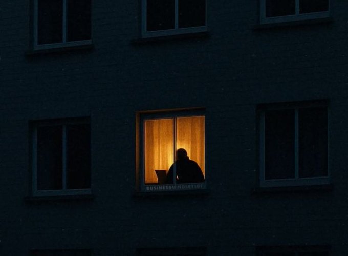 A lone figure works at a glowing laptop in a single illuminated window of an otherwise dark apartment building, with a "BUSINESSMINDSET" sign visible on the windowsill below—capturing the dedication of late-night hustle while others rest.