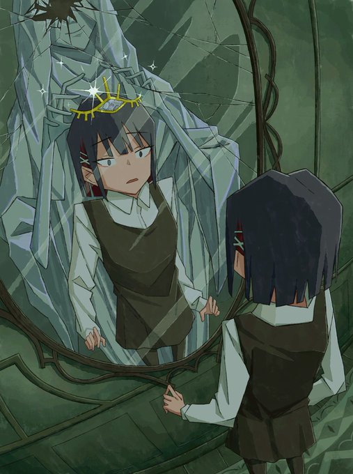 An anime-style girl with dark hair and a glowing yellow crown stares into a cracked mirror, revealing her own reflection with a tired expression, fitting the surreal "Unseen Blessing" NFT artwork.