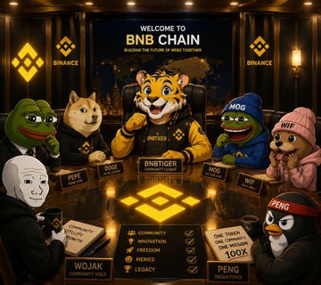 A stylized crypto-themed promotional image for BNB Chain featuring various meme mascots including a central tiger labeled 'BNBTIGER', with characters like Wojak, Pepe, WIF, Peng, and others gathered around a table, with text such as 'WELCOME TO BNB CHAIN', 'COMMUNITY', 'INNOVATION', 'FREEDOM', 'MEMES', and 'LEGACY'.