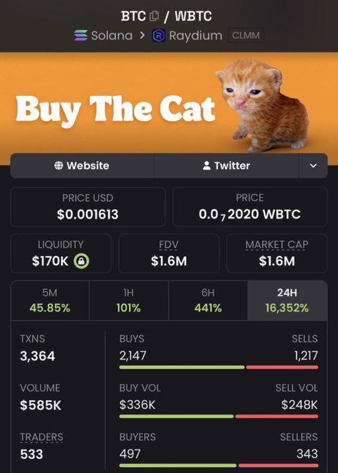 A cryptocurrency dashboard displays a token called 'Buy The Cat' with a kitten image, showing BTC/WBTC trading data on Solana via Raydium CLMM, with a price of $0.001613, market cap of $1.6M, and a 24H change of 16,352%.