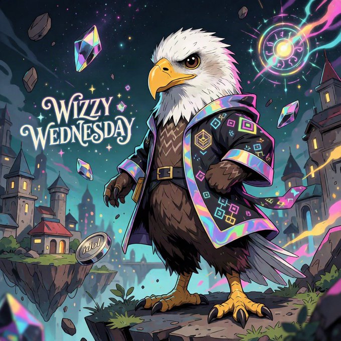 An illustration of an anthropomorphic eagle wearing a colorful, patterned coat, with the text 'WIZZY WEDNESDAY' displayed alongside floating crystals and a magical castle background.
