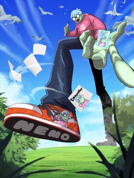 A vibrant anime-style illustration features a zombie-like character in a pink shirt holding up trading cards featuring a green character, with a massive sneaker labeled 'NEMO' in the foreground.