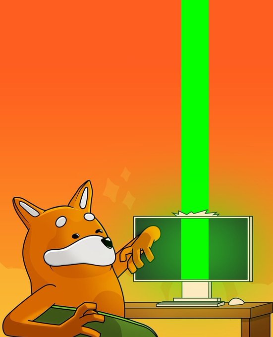 A cartoon Shiba Inu dog sitting at a desk pointing at a computer monitor displaying a massive green candlestick (price chart) shooting upward against an orange background.