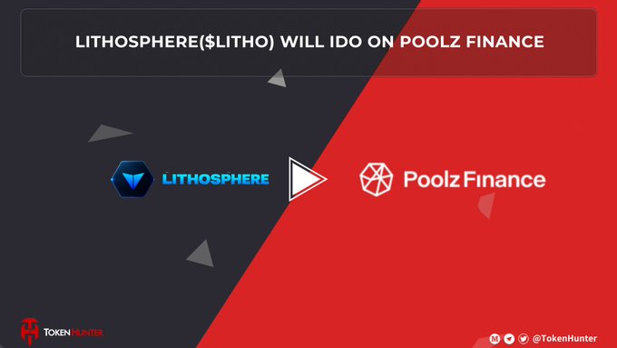 A promotional graphic announces 'LITHOSPHERE ($LITHO) WILL IDO ON POOLZ FINANCE' with logos for both entities on a red and dark blue background.
