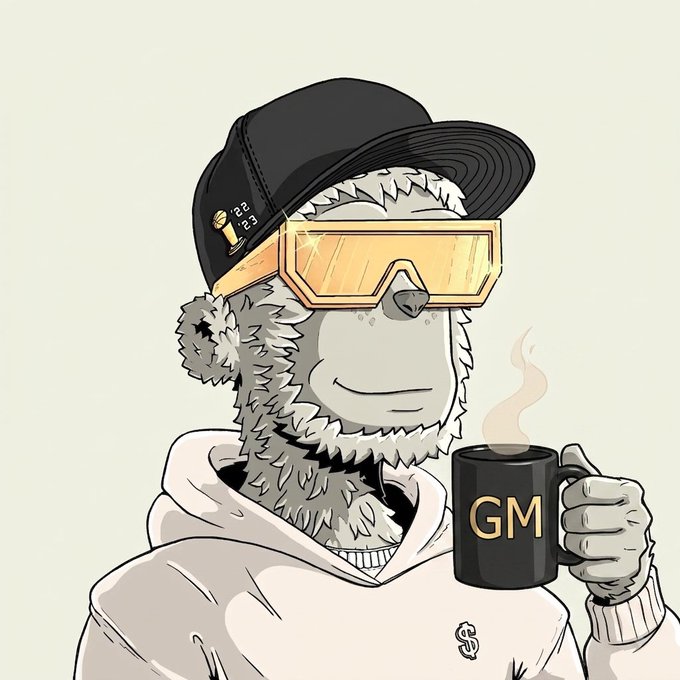 A cartoon bear character wearing a black cap, orange goggles, and a hoodie holds a black mug labeled "GM," with steam rising from it, embodying the cheerful "GM" (good morning) sentiment paired with the post's motivational message about starting a new week with fresh goals to crush.