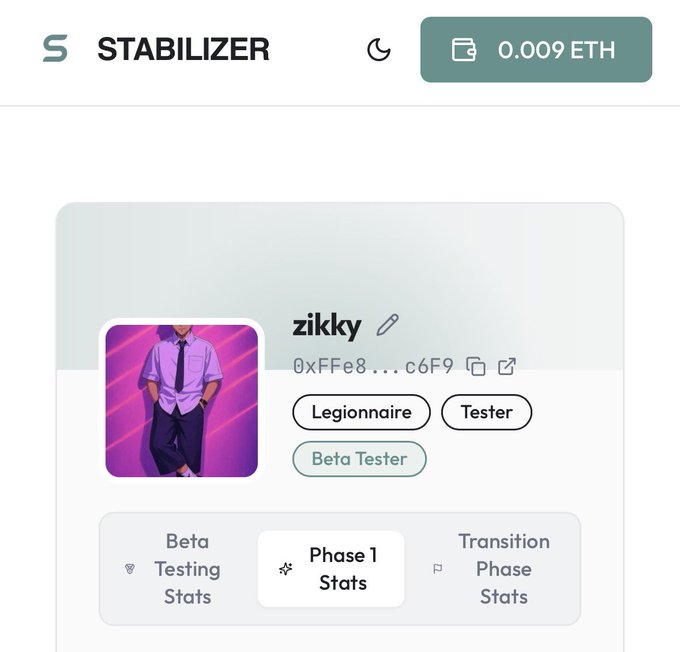 A user profile screen from a platform called 'STABILIZER' showing the username 'zikky' with a partial wallet address '0xFFE8...c6F9', tags 'Legionnaire' and 'Beta Tester', a wallet balance of '0.009 ETH', and navigation tabs including 'Phase 1 Stats'.