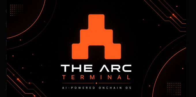A dark, futuristic logo graphic for 'THE ARC TERMINAL' featuring an orange geometric symbol and the tagline 'AI-POWERED ONCHAIN OS'.