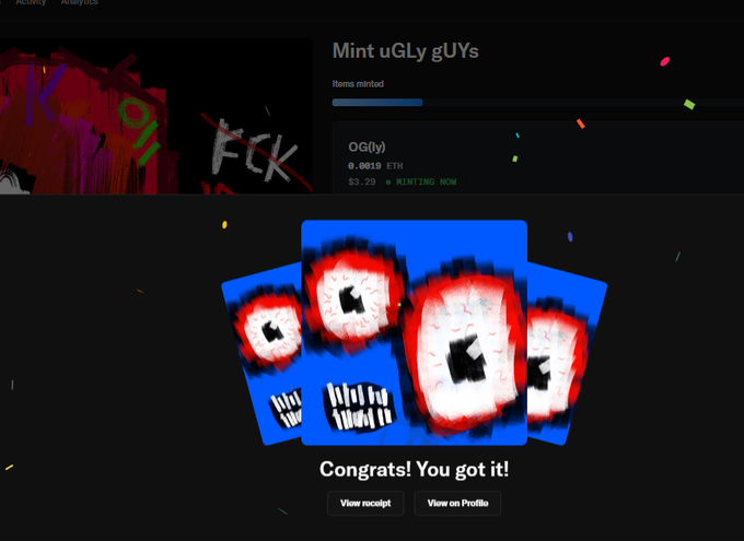 A dark-themed NFT minting page for 'uGly gUYs' showing a collection of eyeball-themed cards and a 'Congrats! You got it!' confirmation message.