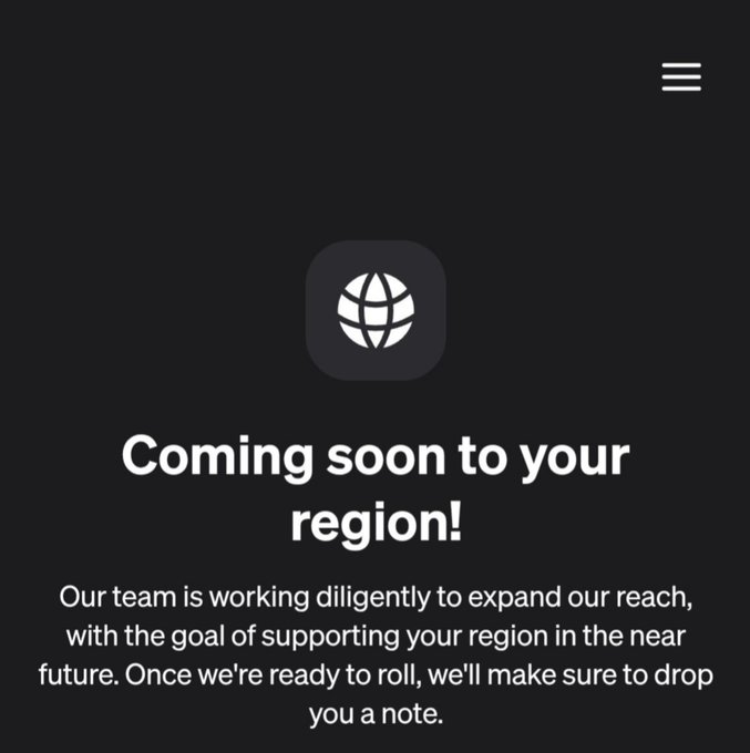 A dark placeholder screen with a globe icon reading 'Coming soon to your region!' and a message about expanding their reach.