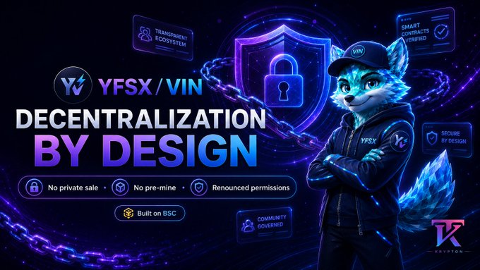 A promotional graphic for 'YFSX/VIN' reads 'DECENTRALIZATION BY DESIGN' featuring an anthropomorphic fox character in a hoodie, highlighting features like 'No private sale,' 'No pre-mine,' and 'Built on BSC.'