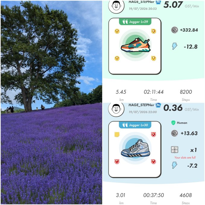 The image shows a vibrant lavender field with trees under a blue sky alongside screenshots from the STEPN fitness app, displaying two jogging activities by user "HAGE_STEPNer" from 19/07/2026: 5.45km in 2:11:44 earning 332.84 GST (at 5.07 GST/Min), and 3.01km in 0:37:50 earning 13.63 GST (at 0.36 GST/Min). The 332.84 GST and 13.63 GMT figures mentioned in the post correspond directly to the earnings shown in the two app screenshots, along with the STEPN activation code 28637905.