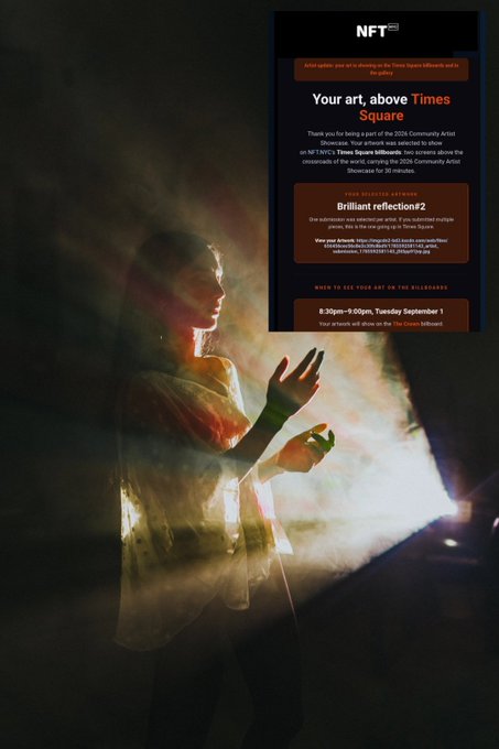 An artistic image shows a silhouette bathed in colorful light rays with hands raised, overlaid with an 'NFT' promotional panel for 'Times Square' featuring 'Brilliant reflection #2' and 'WIN OF THE WEEK' text.