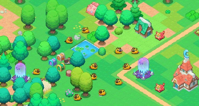 A colorful isometric view of a fantasy game landscape featuring trees, a pond, buildings, treasure chests, bee-like creatures, and purple ghost characters.