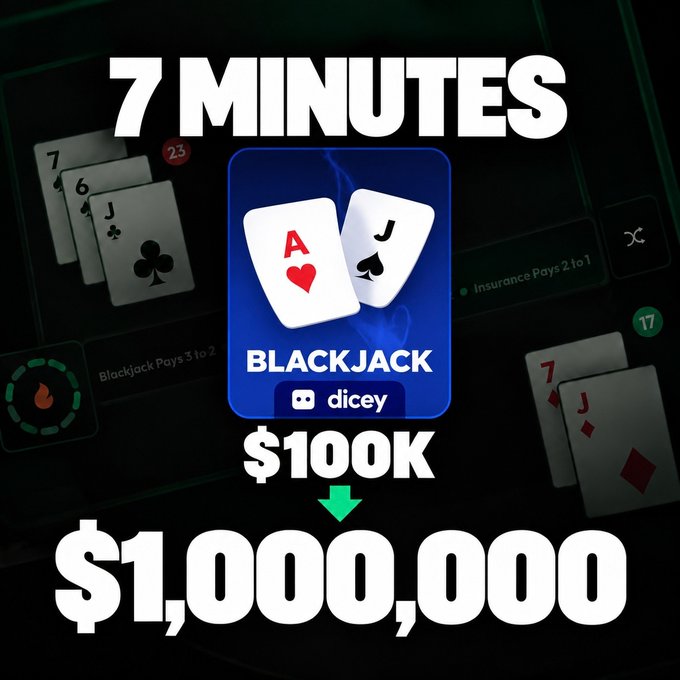 A promotional graphic for a Dicey blackjack app showing a transformation from $1000 to $1,000,000 in 7 minutes, featuring an Ace of Hearts and Jack of Spades logo.