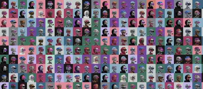 A grid of colorful, pixel-art NFT avatars from the CryptoPunks collection displayed on varied colored backgrounds. The image likely relates to the social media post as visual evidence supporting the thesis about the CryptoPunks collection's underlying significance, possibly highlighting patterns, variations, or specific traits within the pixelated character designs.