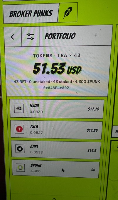 Screenshot of a 'BROKER PUNKS' portfolio page showing tokens (NVDA, TSLA, AAPL, $PUNK) with a total value of '51.53 USD' for 43 tokens, wallet address 0x048E...c802.