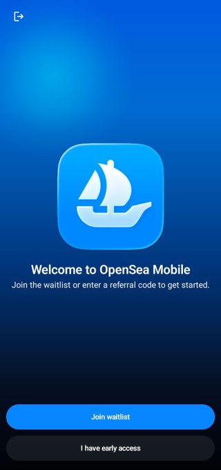 A mobile app welcome screen for OpenSea Mobile featuring a sailboat logo on a blue background, with buttons to 'Join waitlist' and 'I have early access'.