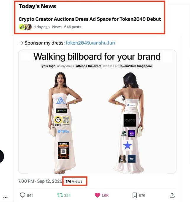 A news article titled "Crypto Creator Auctions Dress Ad Space for Token2049 Debut" showing a woman in a white dress with brand logos, highlighting "1M Views".