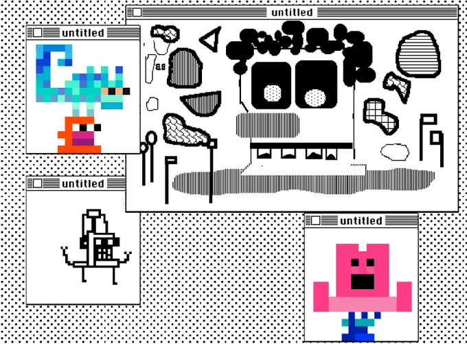 Multiple black and white pixel art drawings displayed in windows labeled 'untitled', including a green/blue creature, a face, a robot-like figure, and a pink character.