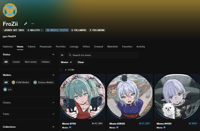 An NFT marketplace profile for user 'FroZii' (pyo-74w34), showing 3 anime-style NFT items labeled 'Momo #705', 'Momo #3630', and 'Momo #4051' with their respective prices.