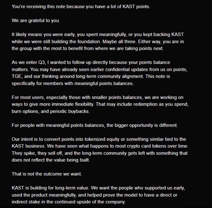 A screenshot of an email from KAST addressed to high-points users, explaining that the company is reconsidering its TGE/token launch plans and instead plans to convert points into tokenized equity tied to the KAST business, warning against the typical "spike and sell-off" pattern seen in crypto card tokens. The note reinforces the post's claim that KAST is walking back earlier promises of a 1:1 points-to-token conversion in favor of equity-based rewards for top holders.