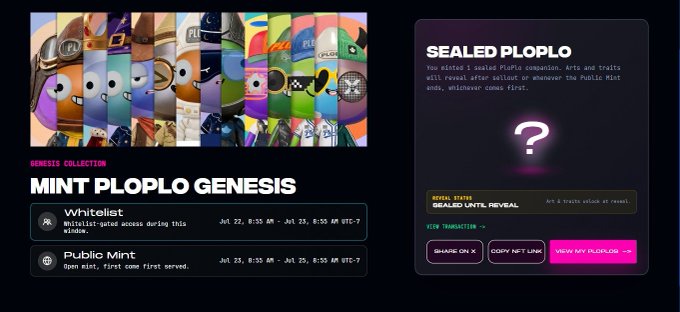 A webpage for 'MINT PLOPLO GENESIS' NFT collection featuring colorful character artwork, with a 'SEALED PLOPLO' mystery box revealing section listing 'Whitelist' (Jul 22) and 'Public Mint' (Jul 23) windows.