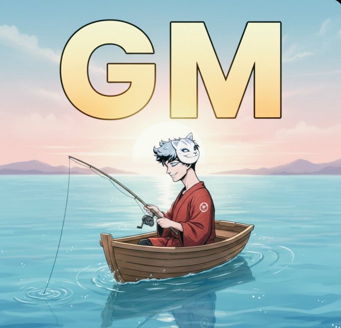 An anime-style illustration shows a masked figure in a red kimono fishing from a small boat on calm water, with large 'GM' text displayed above.