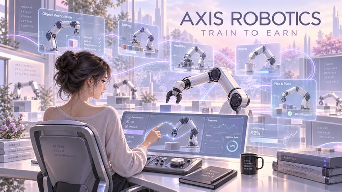 A futuristic digital illustration shows a woman working at a computer interface controlling robotic arms, with text reading 'AXIS ROBOTICS TRAIN TO EARN', 'Object Recognition', 'Sorting', 'Assembly', 'Pick & Place', and a 'Learning' metric at 92%.