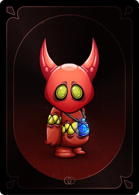 A digital illustration of a small, red cartoon creature with horns, large green eyes, and a blue gem pouch strapped across its chest, displayed on a dark card-like background.