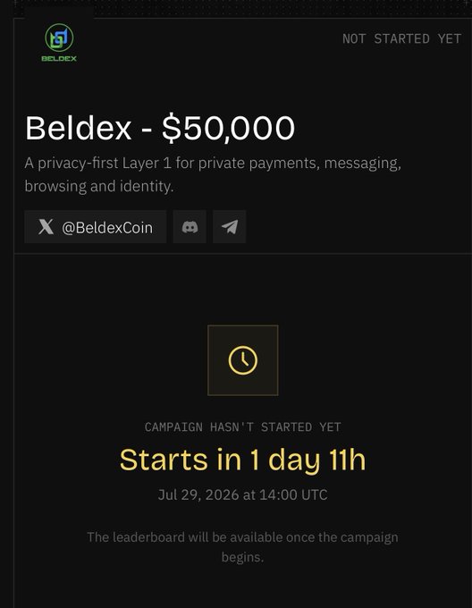A screenshot of a token launch page for "Beldex" with a $50,000 prize pool, described as a "privacy-first Layer 1," showing a countdown timer indicating the campaign "Starts in 1 day 11h" on Jul 29, 2026 at 14:00 UTC.