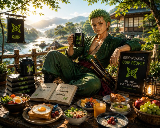 A green-haired anime character relaxes by a scenic riverside with a steaming cup of "QUIP" coffee, surrounded by branded signage reading "QUIP," "GOOD MORNING, QUIP PEOPLE / REST WELL, BUILD THE FUTURE," and an open book inscribed with "Build without limits," alongside an array of breakfast foods — visually capturing the post's message of peaceful morning reflection while @quipnetwork continues building toward the quantum era.