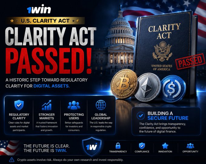 A 1win promotional graphic declares 'U.S. CLARITY ACT PASSED!' with imagery of the Capitol building, Bitcoin/Ethereum/USDC coins, and a leather-bound 'CLARITY ACT' book stamped PASSED, highlighting regulatory clarity for digital assets.