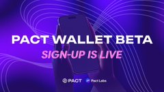 A promotional graphic for 'PACT WALLET BETA' with 'SIGN-UP IS LIVE' text on a purple background featuring geometric line art and the Pact and Pac Labs logos.