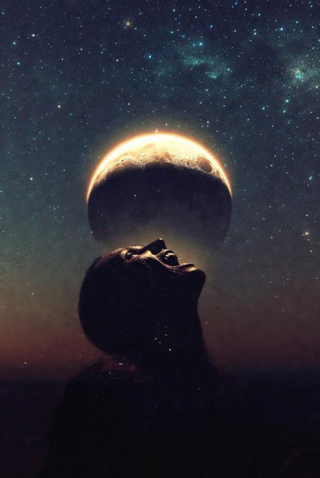 A surreal artistic image of a silhouetted figure gazing up at a glowing moon set against a starry galaxy background.