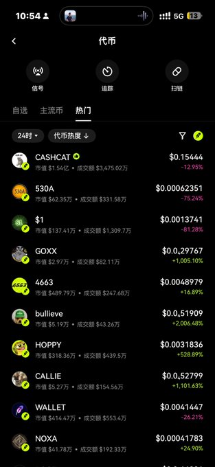 A screenshot of the PUMP platform showing a list of trending BSC meme tokens with significant price declines, including CASHCAT (-12.95%), $30A (-75.24%), $1 (-81.28%), GOXX (-1,085.10%), and 4663 (+16.89%), illustrating the volatile and largely downward trend of meme coins referenced in the post.