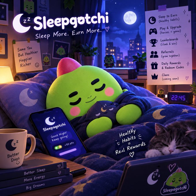 A promotional illustration for 'Sleepagotchi - Sleep More. Earn More.' featuring a cute green blob character sleeping in bed with a phone showing 'Good Night! Keep going! +50 pts', a cat, and feature list including 'Sleep to Earn' and 'Play & Upgrade'.