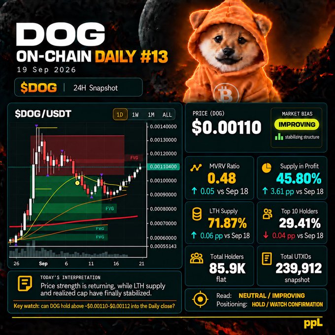 A cryptocurrency analysis infographic titled 'DOG ON-CHAIN DAILY #13' dated 19 Sep 2026, featuring a Shiba Inu in an orange hoodie, a price chart for $DOG/USDT at $0.00110, and various metrics like MVRV Ratio (0.48), Supply in Profit (45.80%), and LTH Supply (71.87%).