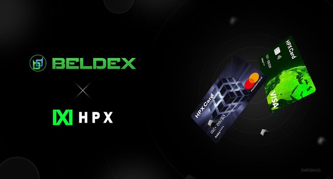A promotional graphic announcing a partnership between 'BELDEX' and 'HPX', showing the two logos separated by an 'X' alongside 3D-rendered HPX Visa and Mastercard credit cards.