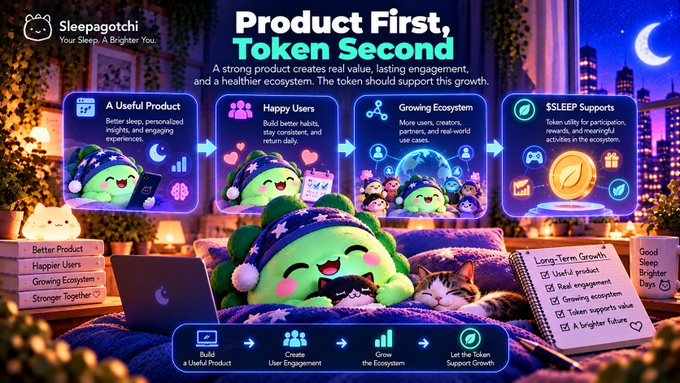 A promotional infographic for 'Sleepagotchi' with the headline 'Product First, Token Second', illustrating a four-step ecosystem strategy: A Useful Product, Happy Users, Growing Ecosystem, and $SLEEP Supports.