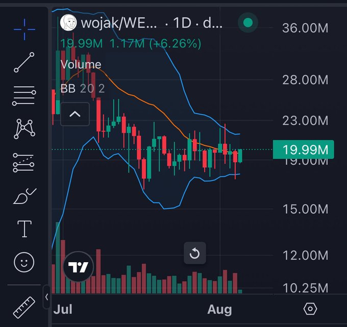 A cryptocurrency price chart on TradingView for the token 'wojak/WE...', showing a current price of 19.99M with a 6.26% gain, displayed on a 1-day timeframe in August.