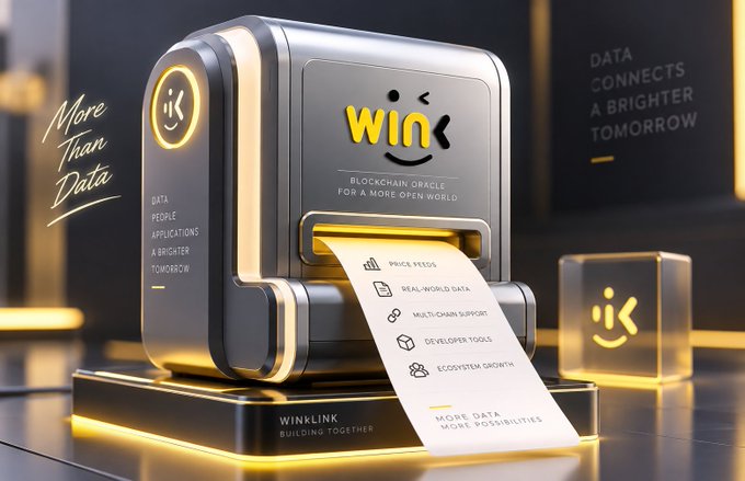 A sleek, futuristic machine labeled "WINK" emits a paper receipt listing features like "PRICE FEEDS," "REAL-WORLD DATA," "MULTI-CHAIN SUPPORT," "DEVELOPER TOOLS," and "ECOSYSTEM GROWTH," visually reinforcing the caption's message that WINkLink functions as more than just a price feed provider—it's a versatile blockchain oracle powering the broader Web3 ecosystem.