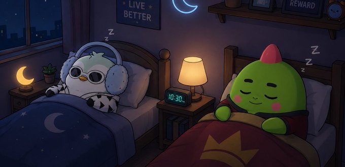 The image features two cartoon characters, a green frog and a white bird, lying in bed with their eyes closed while wearing headphones. The frog has a crown on its head, adding a touch of whimsy to the scene. The background shows a bedroom setting with a nightstand next to each bed, as well as a clock and a lamp. The image also includes text that reads "Live better" and "Reward", which could be related to the characters' journey or the overall theme of the post.