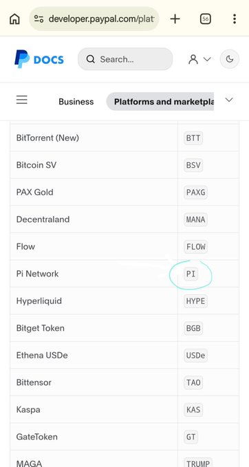 A screenshot of PayPal's developer documentation page showing the "Platforms and marketplaces" list of supported cryptocurrencies, with "Pi Network" ($PI) circled in teal among other tokens like Bitcoin SV, PAX Gold, and Flow.