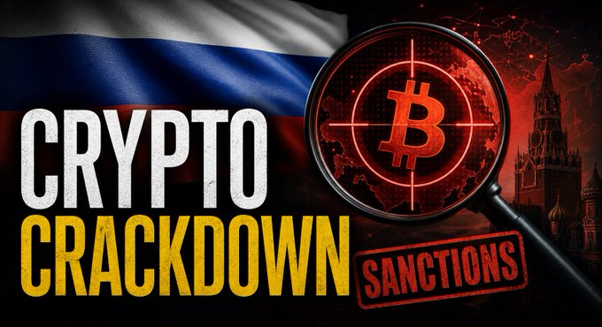 A news-style graphic titled 'CRYPTO CRACKDOWN' in white and yellow text, showing a Russian flag, a Bitcoin symbol under a magnifying glass, and a red 'SANCTIONS' stamp.
