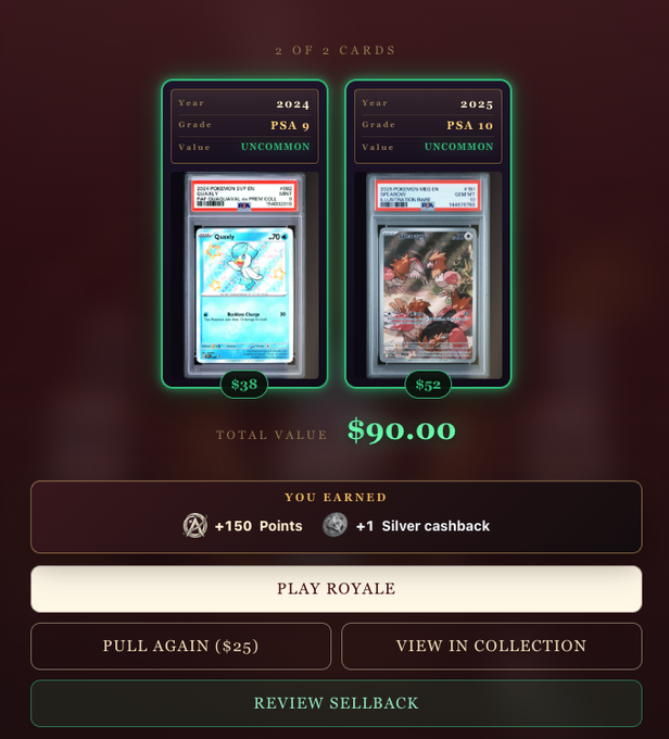 A mobile game screen showing two PSA-graded Pokémon cards (Quagsire and a fish-themed card) with a total value of $90.00, offering +150 Points and +1 Silver cashback, with options to 'PLAY ROYALE', 'PULL AGAIN ($25)', and 'VIEW IN COLLECTION'.