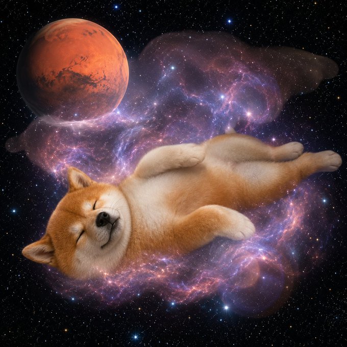 A humorous digital illustration of a Shiba Inu dog floating peacefully on its back through a cosmic nebula with Mars visible in the starry background.