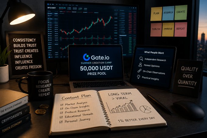 The image shows a content creator's desk featuring a laptop displaying "Gate.io SUMMER CREATION CAMP 50,000 USDT PRIZE POOL" alongside a notebook with a "CONTENT PLAN" and a monitor showing BTC/USDT charts. Surrounding motivational signs reinforce the post's message about persistence, with phrases like "CONSISTENCY BUILDS TRUST," "LONG TERM > VIRAL," and "1% BETTER EVERY DAY," visually echoing the caption's reminder that Web3 influence is built through consistent, long-term effort rather than instant viral success.