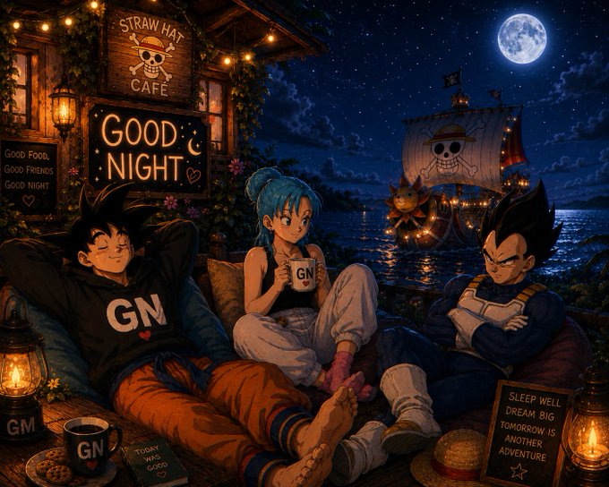 An anime-style illustration of a 'Good Night' scene features characters resembling Goku, Bulma, and Vegeta relaxing at a 'Straw Hat Cafe' by the water, with a pirate ship anchored in the background under a full moon and signs reading 'Sleep Well, Dream Big, Tomorrow Is Another Adventure.'
