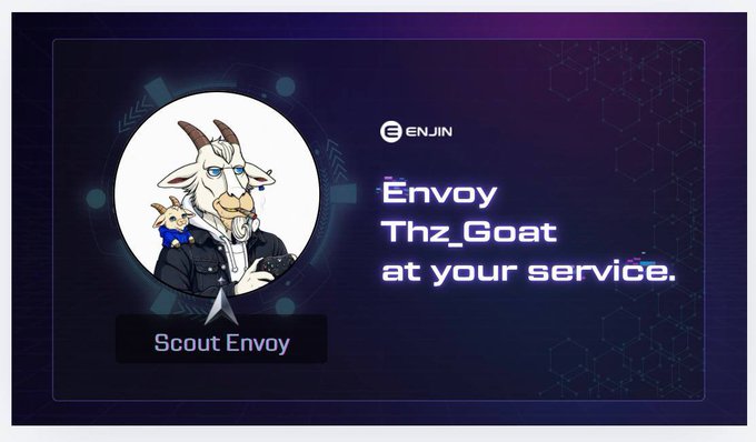 A digital graphic featuring an Enjin 'Scout Envoy' character named 'Thz_Goat,' depicted as a goat in a hoodie with a small companion, displayed against a purple hexagonal background with the tagline 'Envoy Thz_Goat at your service.'